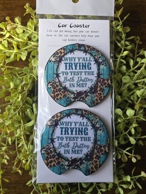 Car Coaster Set - Turquoise Leopard Print (Beth Dutton Quote)